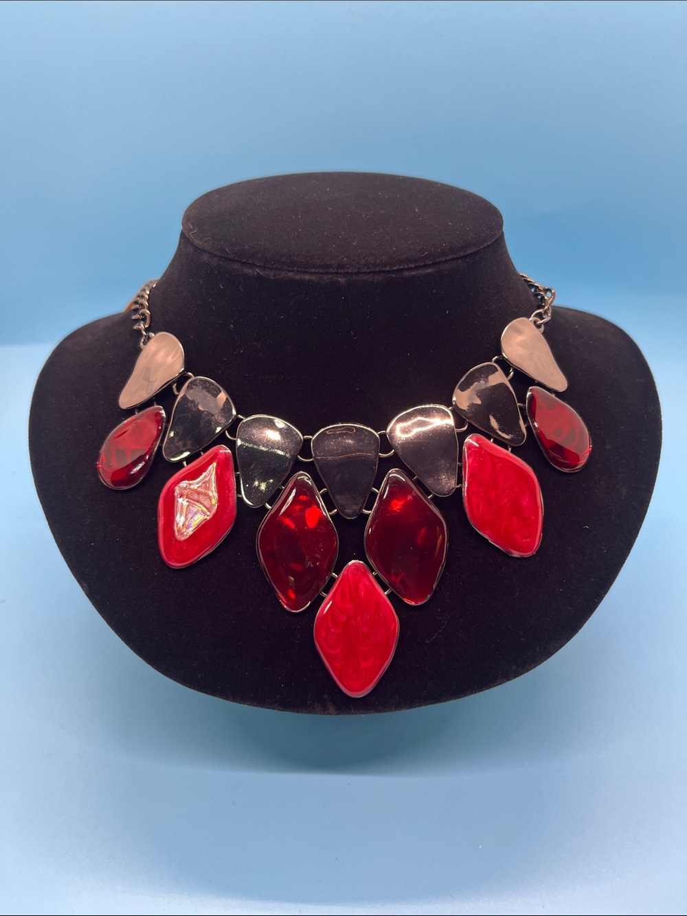 Erica Lyons Gunmetal Red and Black Bib Statement Necklace